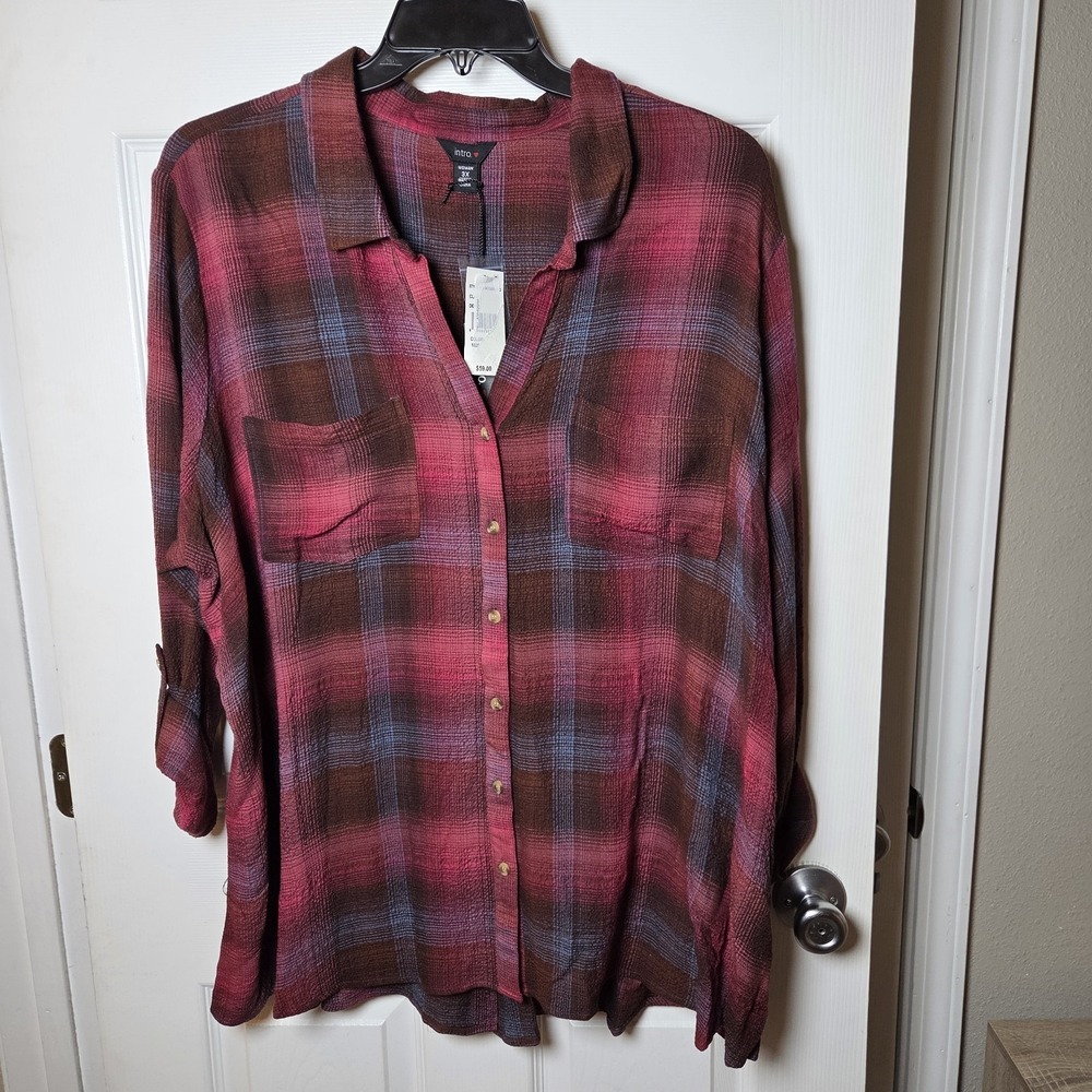 Intro sz 3X plaid tunic button up top NWT casual fall classic everyday basic